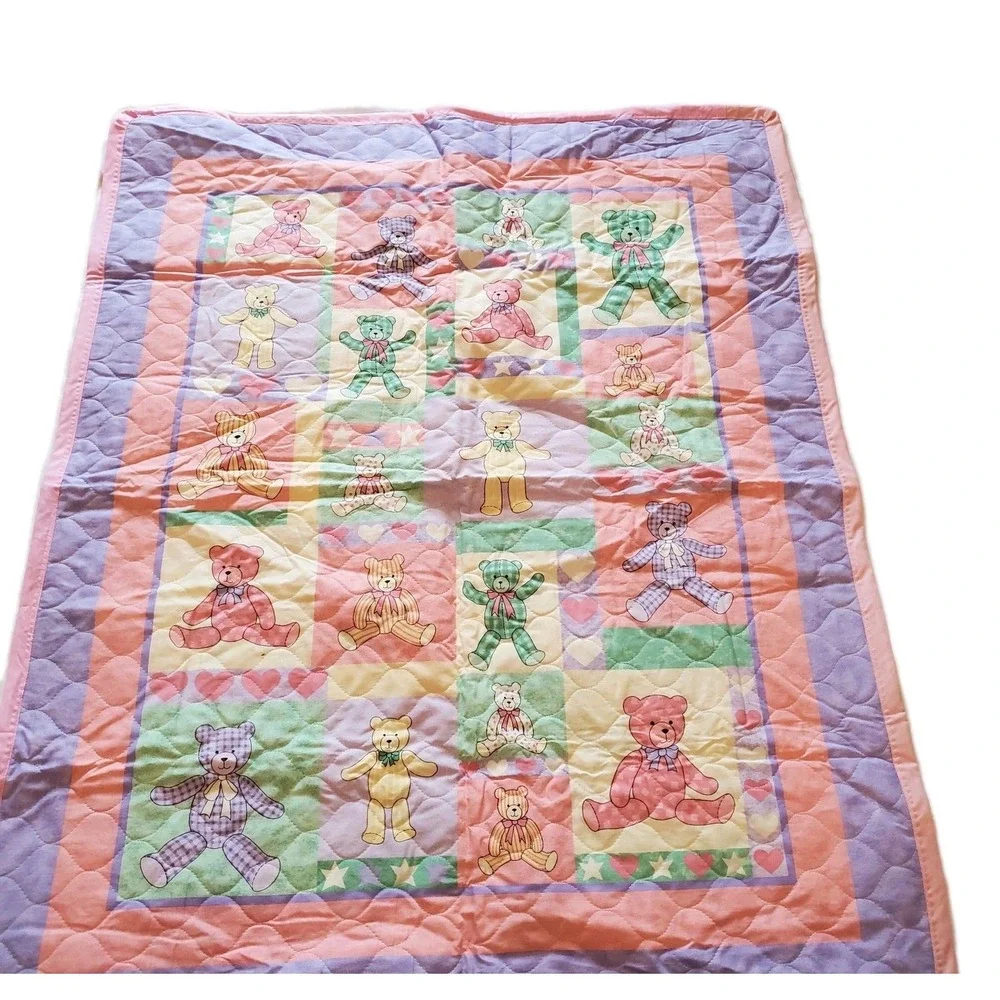 VTG Handmade Baby Quilted‎ Blanket Pastel Bears & Hearts Vintage